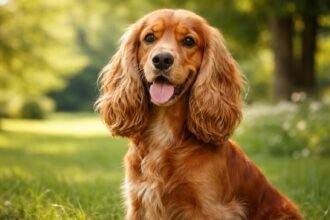 Vidám angol cocker spániel a zöld fűben