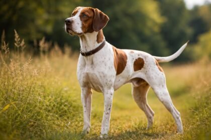 Egy angol pointer áll a zöld fűben, figyelmesen néz előre.