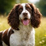 Egy angol springer spániel boldogan ül a fűben