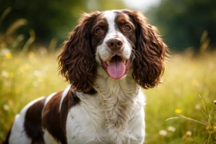 Egy angol springer spániel boldogan ül a fűben