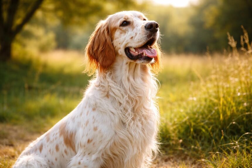 Egy angol szetter kutya, gyönyörű természetes környezetben.