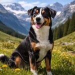 Appenzelli havasi kutya a hegyek között, virágos réten ülve