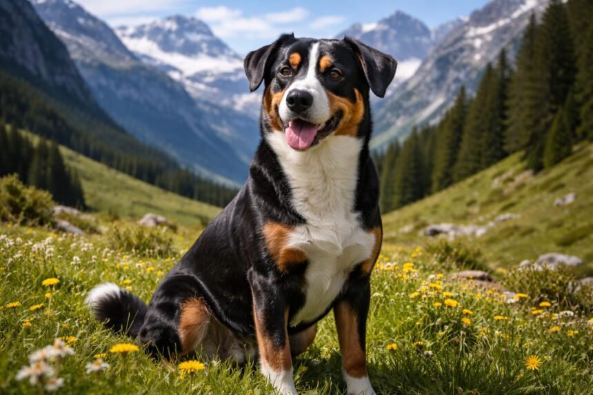 Appenzelli havasi kutya a hegyek között, virágos réten ülve