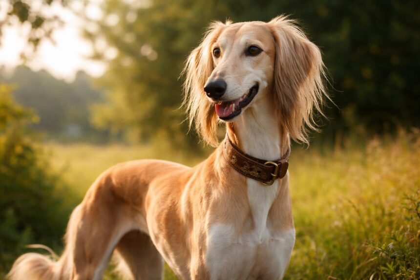 Arab agár kutya szabadban, gyönyörű háttérrel