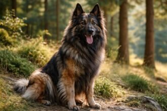 Ardenni pásztorkutya a természetben, fűben ülve, boldogan.