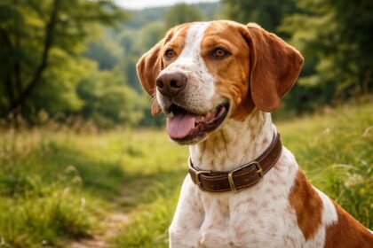 Ariége-i vizsla a természetben, vidám kifejezéssel.