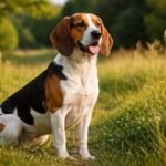 Artois-i kopó kutya a természetben ülve, energikus jelleggel.