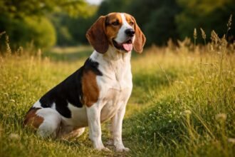 Artois-i kopó kutya a természetben ülve, energikus jelleggel.