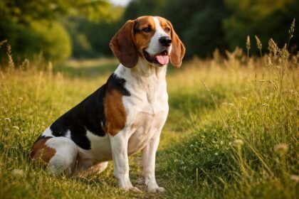 Artois-i kopó kutya a természetben ülve, energikus jelleggel.