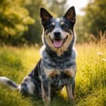 Egy ausztrál pásztorkutya ül a zöld fűben, boldogan mosolyogva.