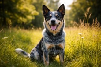 Egy ausztrál pásztorkutya ül a zöld fűben, boldogan mosolyogva.