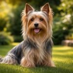 Ausztrál selyemszőrű terrier kedves arckifejezéssel a fűben ülve.