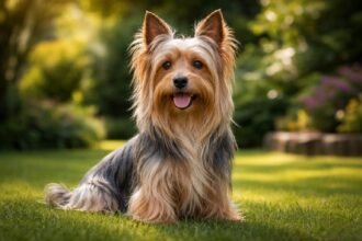 Ausztrál selyemszőrű terrier kedves arckifejezéssel a fűben ülve.