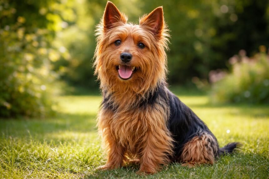 Ausztrál terrier kutya zöld környezetben, boldog arccal.