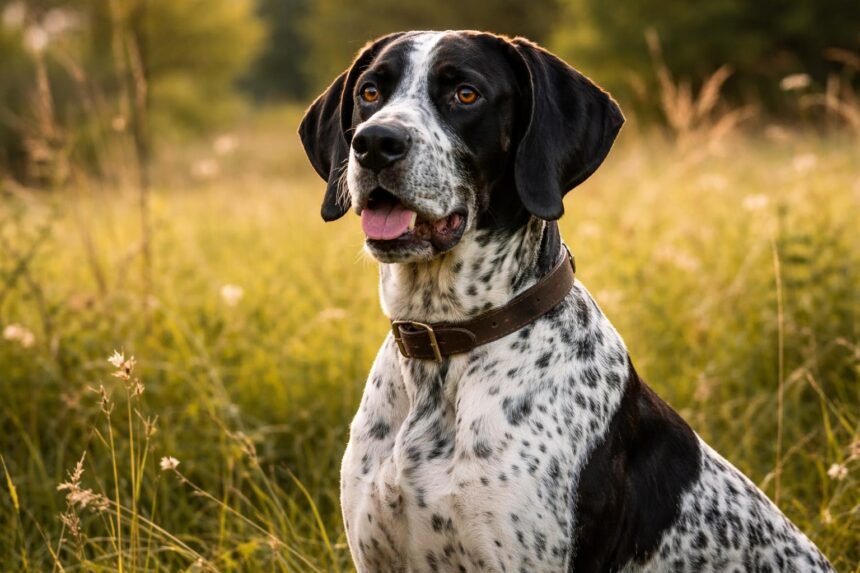 Auvergne-i vizsla egy napfényes mezőn, barátságos arckifejezéssel.