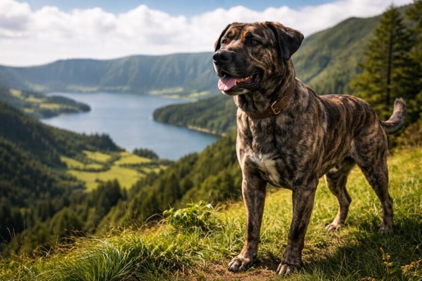 Azori-szigeteki kutya hegyvidéken egy tó mellett