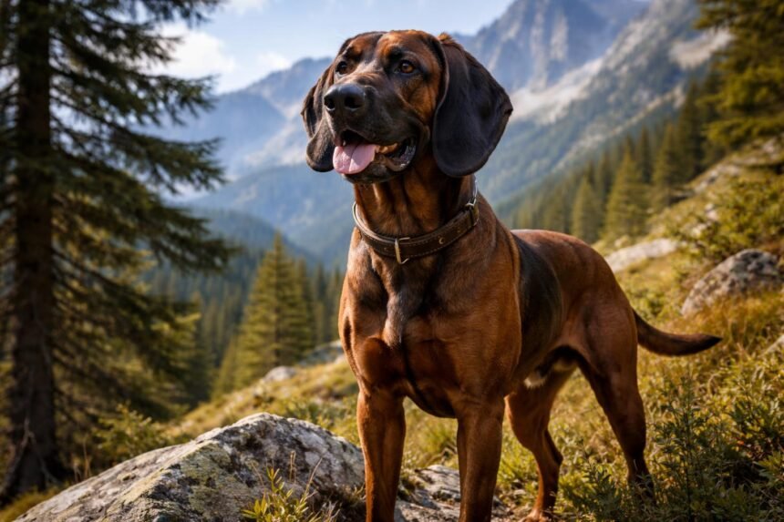 Bajor hegyi véreb a hegyekben, vidám arckifejezéssel.