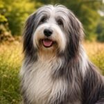 Vidám bearded collie a természetben, szőre gondosan ápolt