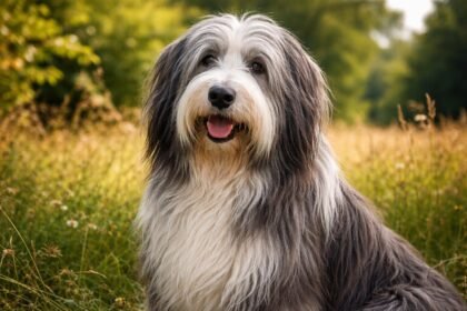 Vidám bearded collie a természetben, szőre gondosan ápolt