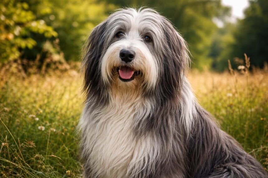 Vidám bearded collie a természetben, szőre gondosan ápolt