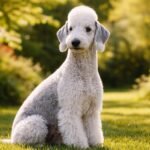Bedlington terrier ül a fűben, nyugodt és elegáns megjelenéssel.