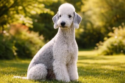 Bedlington terrier ül a fűben, nyugodt és elegáns megjelenéssel.