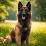 Belga juhászkutya a természetben, zöld fűben ülve.