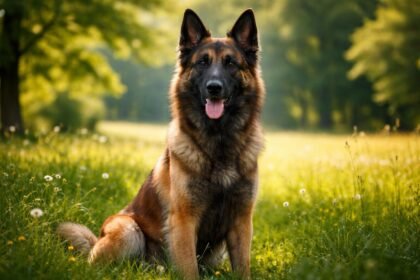 Belga juhászkutya a természetben, zöld fűben ülve.