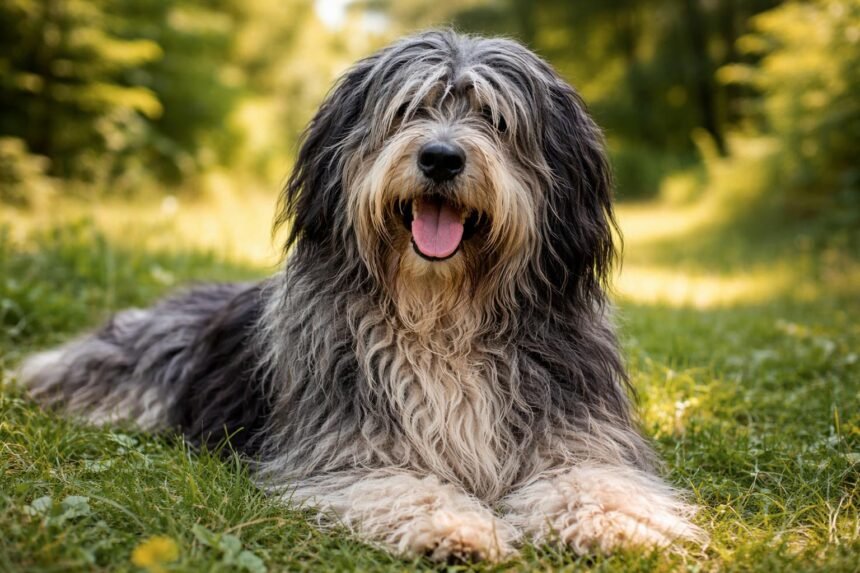 Bergamói juhászkutya a fűben fekve, vidám arccal.