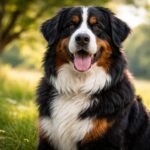 Berni pásztorkutya vidám arcképe szabadban.