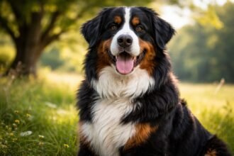 Berni pásztorkutya vidám arcképe szabadban.