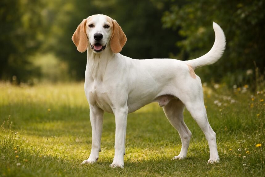 Billy francia kopó a zöld fűben, boldog és aktív kutya