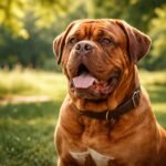 Bordeaux-i dog a zöld háttér előtt, barátságos arckifejezéssel.