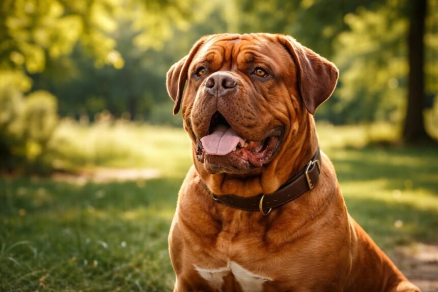 Bordeaux-i dog a zöld háttér előtt, barátságos arckifejezéssel.
