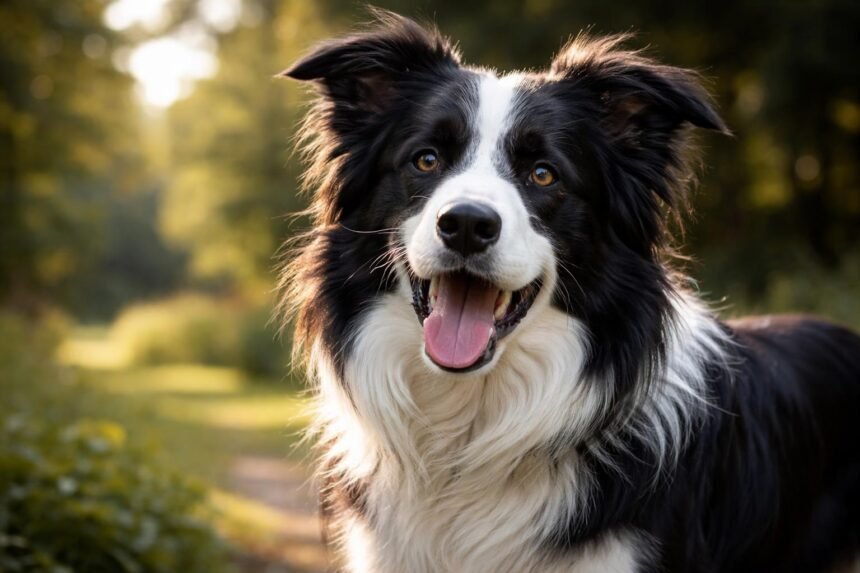 Egy boldog border collie kutya a természetben.