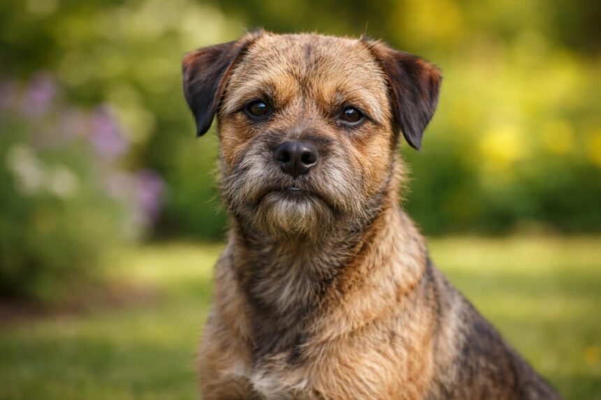 Border terrier kutya a zöld háttér előtt, figyelmes arckifejezéssel.