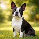 Egy Boston terrier ül a zöld fűben, kedves arckifejezéssel.