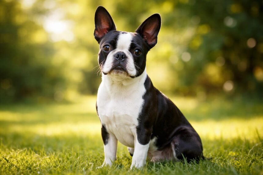 Egy Boston terrier ül a zöld fűben, kedves arckifejezéssel.