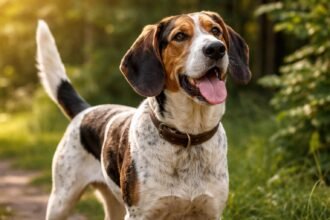 Boszniai kopó vidám kutya zöld háttérben.