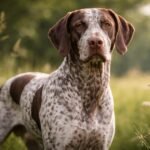 Bourbonnais-i vizsla a zöld mezőn, figyelmes tekintettel.