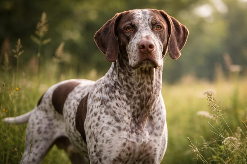 Bourbonnais-i vizsla a zöld mezőn, figyelmes tekintettel.