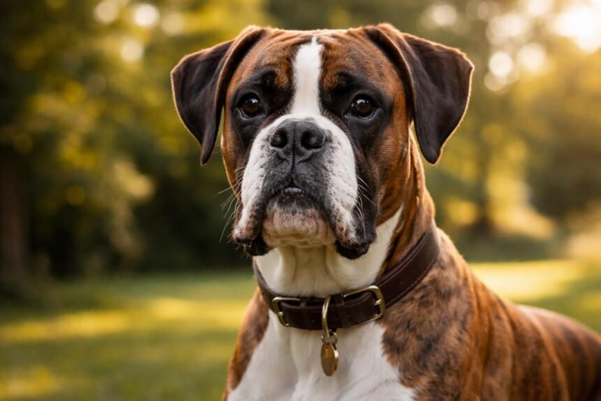 Egy boxer kutya portréja zöld háttér előtt.