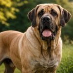 Egy Brazil masztiff mosolyogva a szabadban