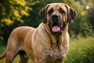 Egy Brazil masztiff mosolyogva a szabadban