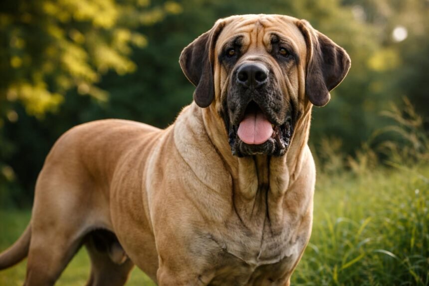 Egy Brazil masztiff mosolyogva a szabadban