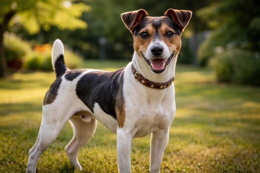 Egy boldog brazil terrier a zöld fűben, barátságos megjelenéssel.