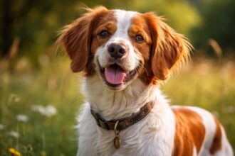 Barátságos breton spániel kutya mosolyogva a zöld mezőn.