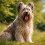 Brie-i juhászkutya a természetben, boldogan ülve.