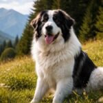 Bukovinai pásztorkutya a hegyek között ülve