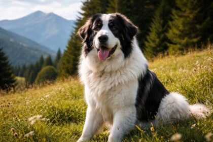 Bukovinai pásztorkutya a hegyek között ülve